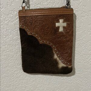 Brown and White Leather Crossbody Bag